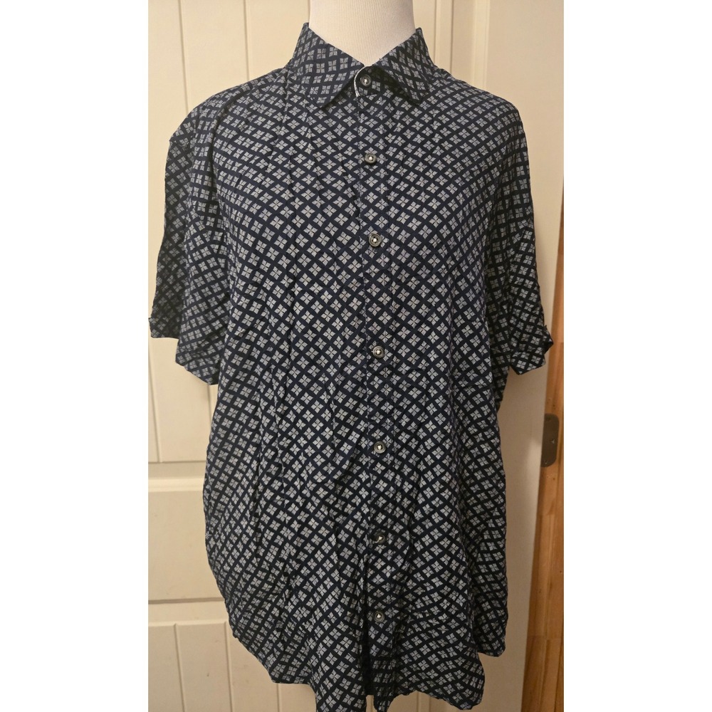 Michael Brandon Men's Large Shirt Blue White Geometric Diamond Button Up SS